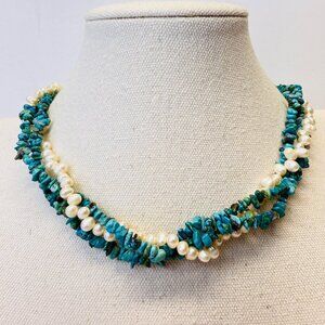 Turquoise and Pearl Twist Necklace Natural Elegant Southwest Coastal